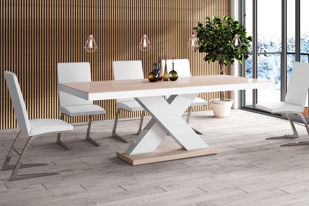 Design Esstisch Tisch HE-888 Cappuccino / Weiß Hochglanz ausziehbar 160 bis 210 cm