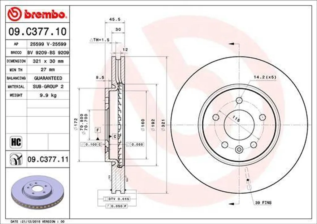 Brembo 09.C377.11 Disque de Frein OE 13502826 pour Astra J et Zafira C