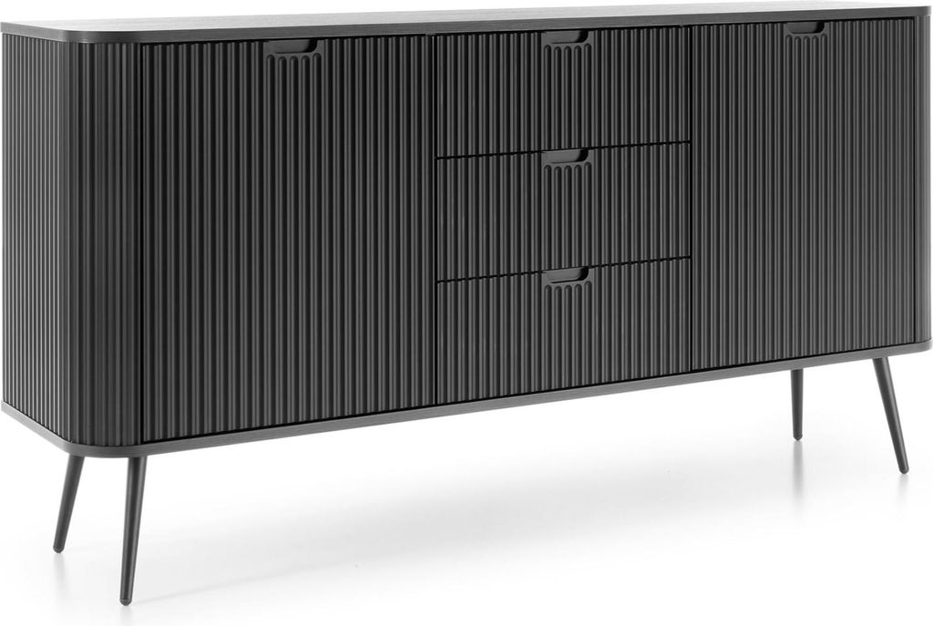 Komodee, Kommode MORDEN KSZ168 - Schwarz - Geriffelte Fronten - 3 Schubladen - Breite 168 cm, Höhe 87 cm, Tiefe 39 cm