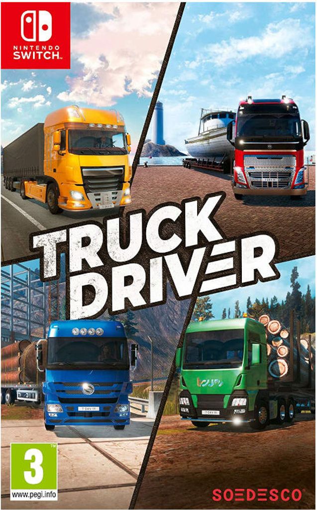Collage of four different trucks in various outdoor settings, with the game title prominently displayed.