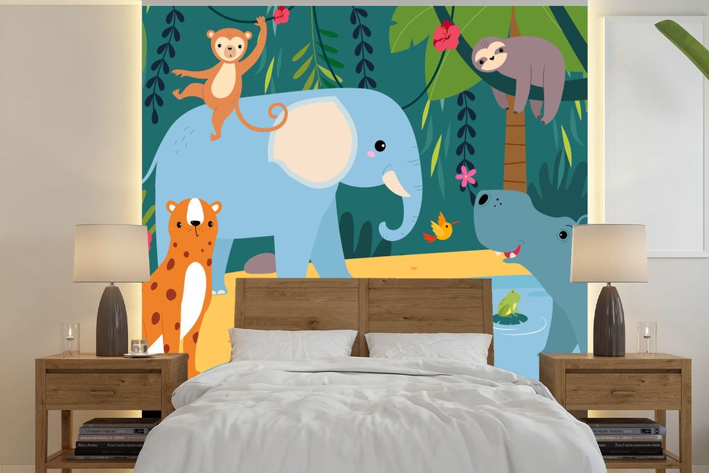 MuchoWow Fototapete für Wohnzimmer oder Schlafzimmer Wandtapete Vinyl Motivtapete Dschungel - Elefant - Tiere - 300x300 cm - Wanddekoration