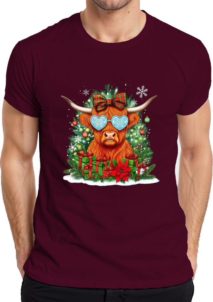 Highland Kuh Weihnachten Herz Sonnenbrille Schleife lustig Retro Herren T-Shirt, Burgundy, M