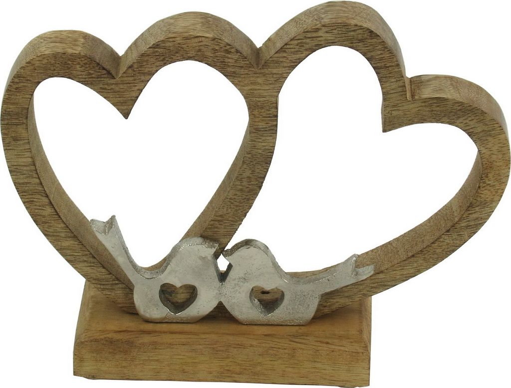Deko Holz Herzen auf Sockel mit Metall Vögel Figur Skulptur Objekt Vogel Herz