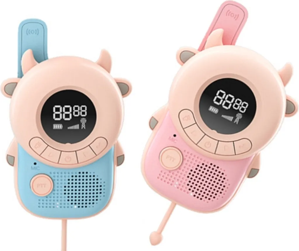 TechKidz, 2x walkie-talkie per bambini con schermo LCD modello Muh-meuh, blu/rosa