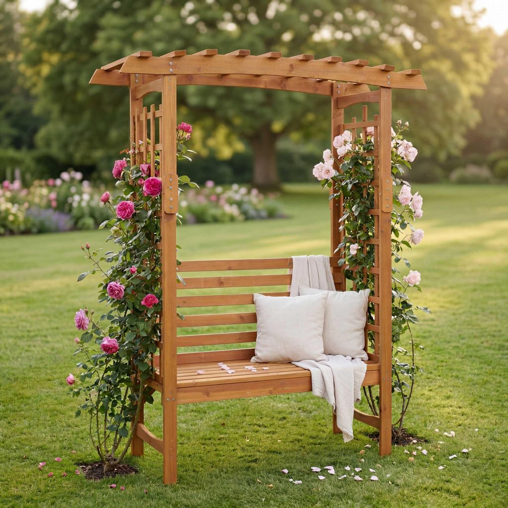 Rosenbogen mit Sitzbank MCW-Q21, Gartenbogen Rankhilfe Bank Gartenbank Holz MVG- 201x160x60cm natur