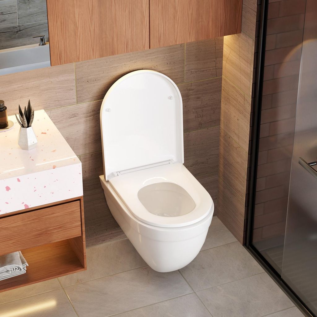 CECIPA WC-Sitz D-Form mit Absenkautomatik, Toilettendeckel aus Duroplast, Klobrille Klositz Klodeckel, Schnelle Demontage, geräuschlos & Weiß