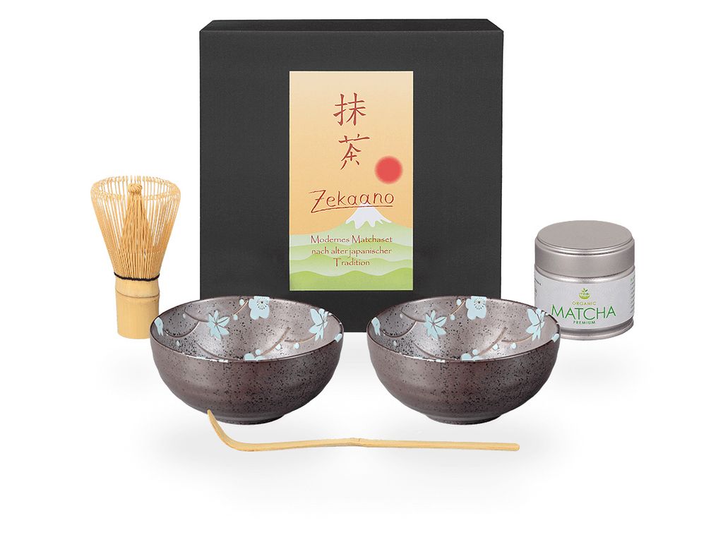 Matcha Set / Matchaset / 2x Matcha Schale 250ml, anthrazit/blau, mit Besen/Löffel/Tee in Geschenkbox