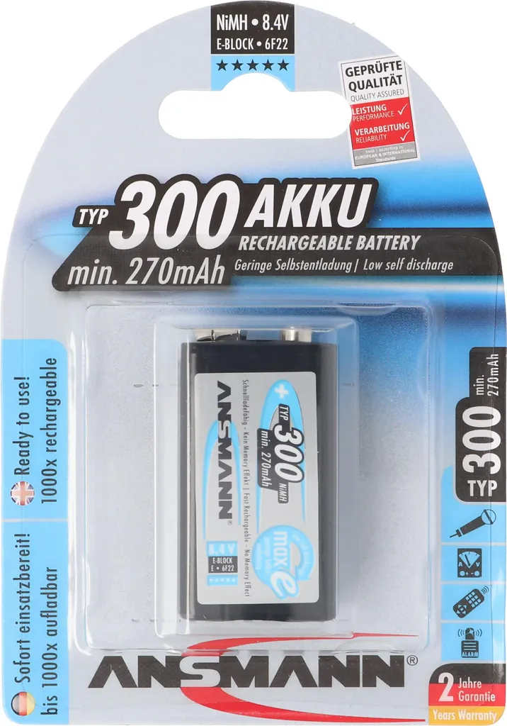 Batterie Rechargeable 9V 6F22 NiMH ANSMANN 270mAh maxE - Type 300 PP3