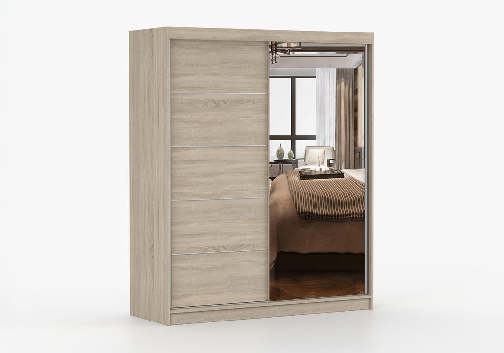 Schwebetürenschrank NO-BIS 05 160 cm Sonoma Eiche mit Spiegel, Kleiderschrank 2-türig, Schrank mit Schiebetüren & Zierleisten