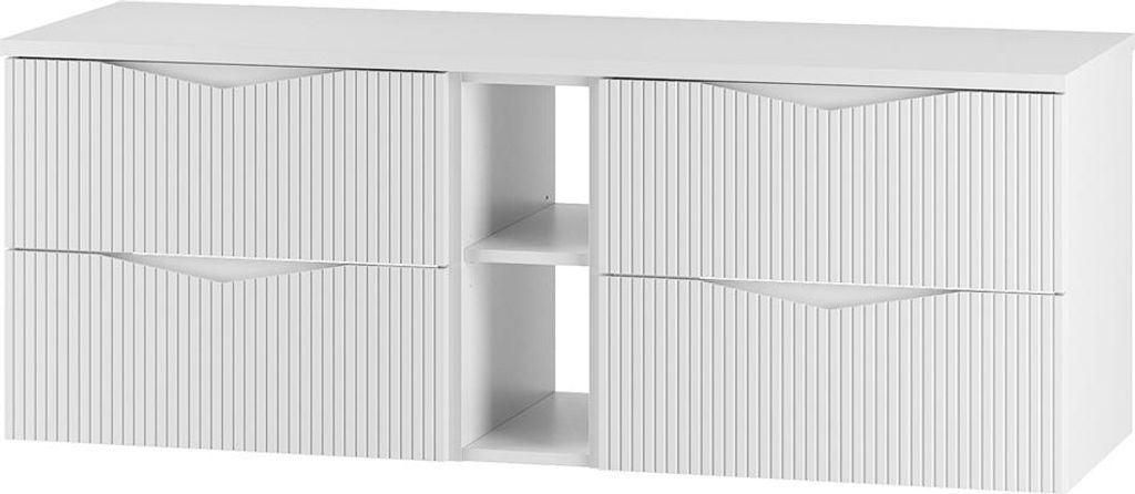 Badezimmer Doppelwaschtischunterschrank mit 140 cm Breite in weiß mit gerillter Front, 4 Schubladen & 2 Fächer - CALURI-140