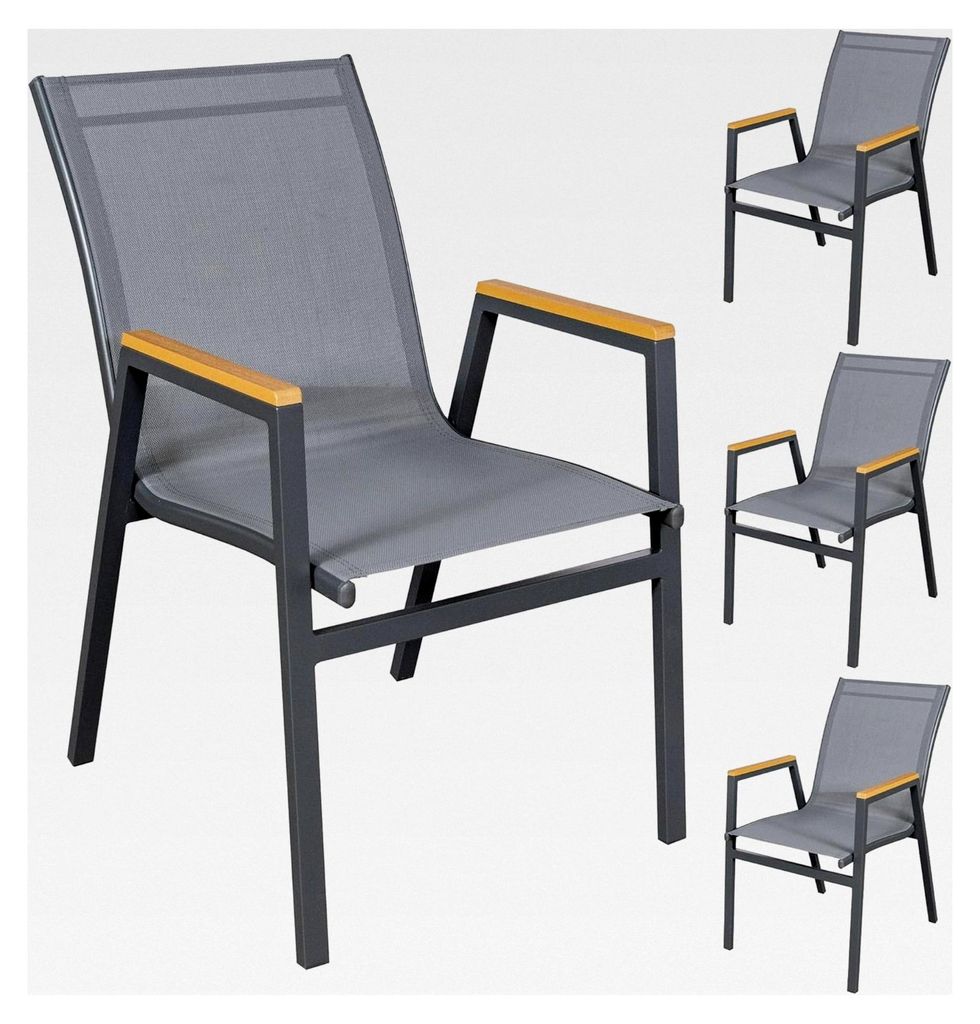 Gartenstuhl 4er-Set, stapelbar, Aluminium Anthrazit, Textilene Grau, Armlehnen Holzoptik Natur, wetterfest und pflegeleicht, ideal für Garten, Ter...