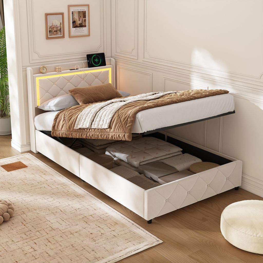 ProximaX Polsterbett Einzelbetten 90x200 cm mit USB Anschluss und LED Licht, Hydraulisches Bett mit Stauraum und Kopfteil, Jugendbett Bettgestell m...