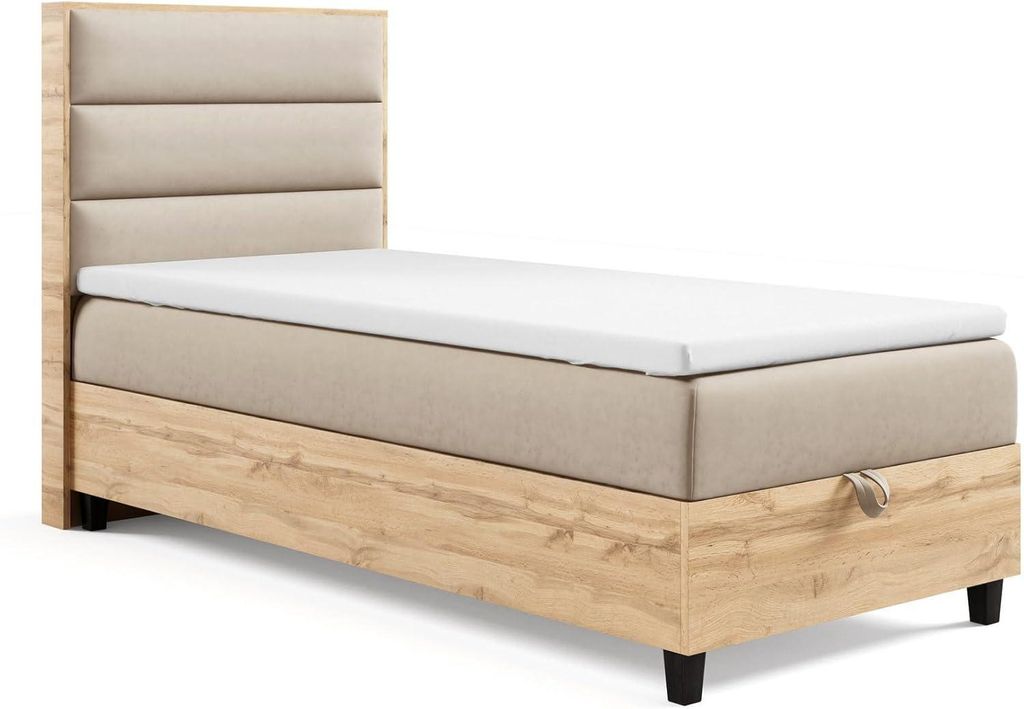 Trinity K-1 Boxspringbett 90x200 | Einzelbett mit. Matratze und Stauraum | Bonellfederkern inkl. Topper & Kopfteil | inkl. Lieferung - Beige