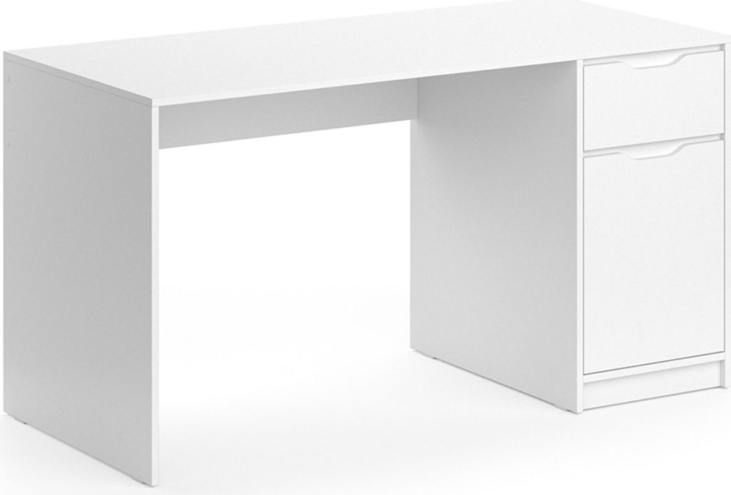 A white desk with drawers on a white background.