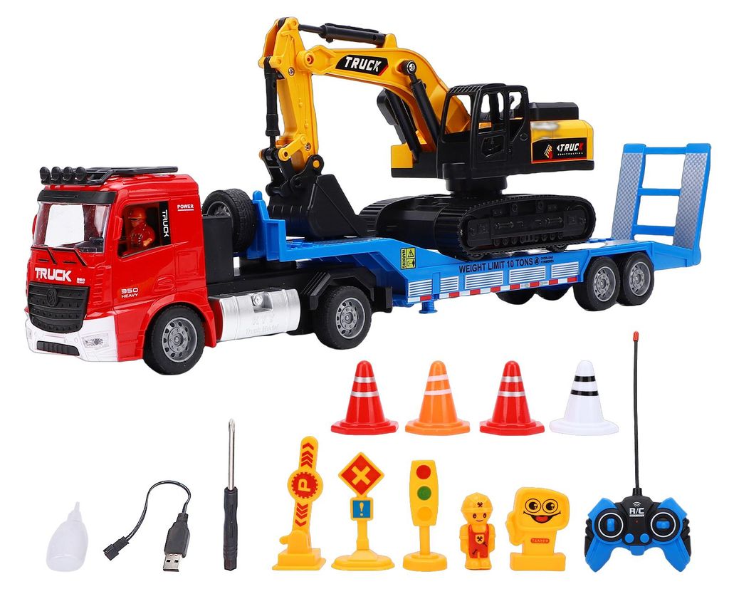 RC-Baufahrzeug mit Bagger-Set, 6-Kanal-Fernsteuerung, Baufahrzeug-Modellbausatz mit Sprüheffekt, Sound und Lichtern, rot