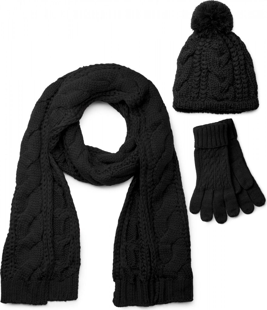 styleBREAKER Schal, Mütze und Handschuh Set, Zopfmuster Strickschal mit Bommelmütze und Handschuhe, Damen 01018208