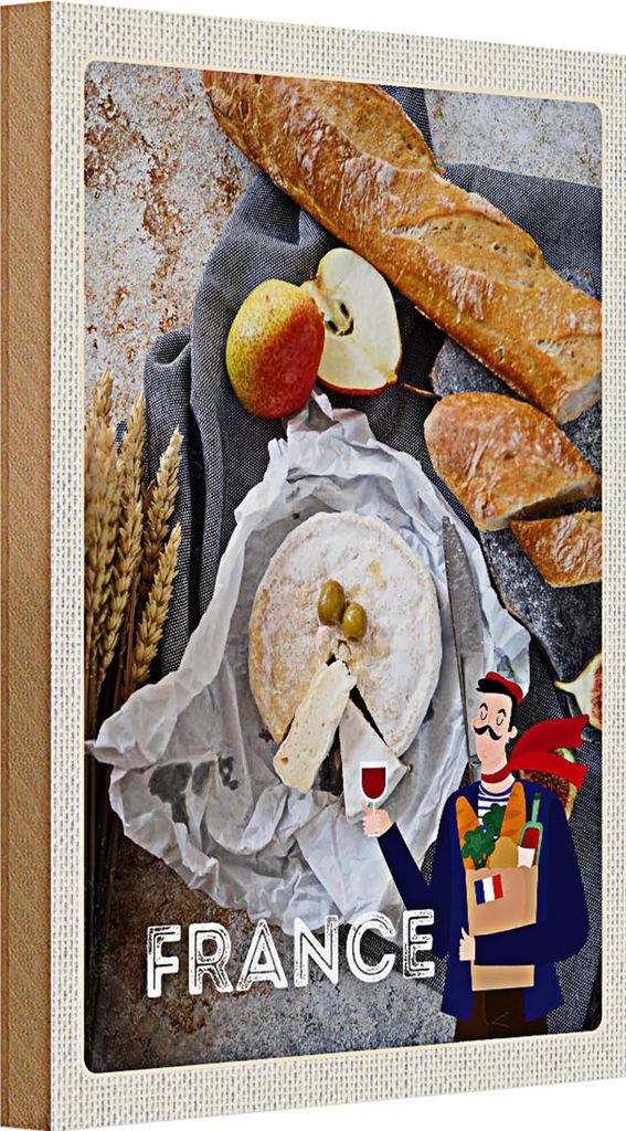 Holzschild Reise 20x30cm Frankreich Baguette Käse Birne Olive