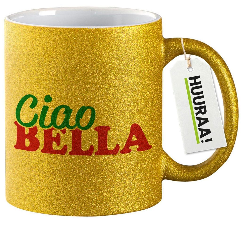 Huuraa Glitzertasse Ciao Bella Italien 330ml Gold Keramik Kaffeebecher Geschenkidee