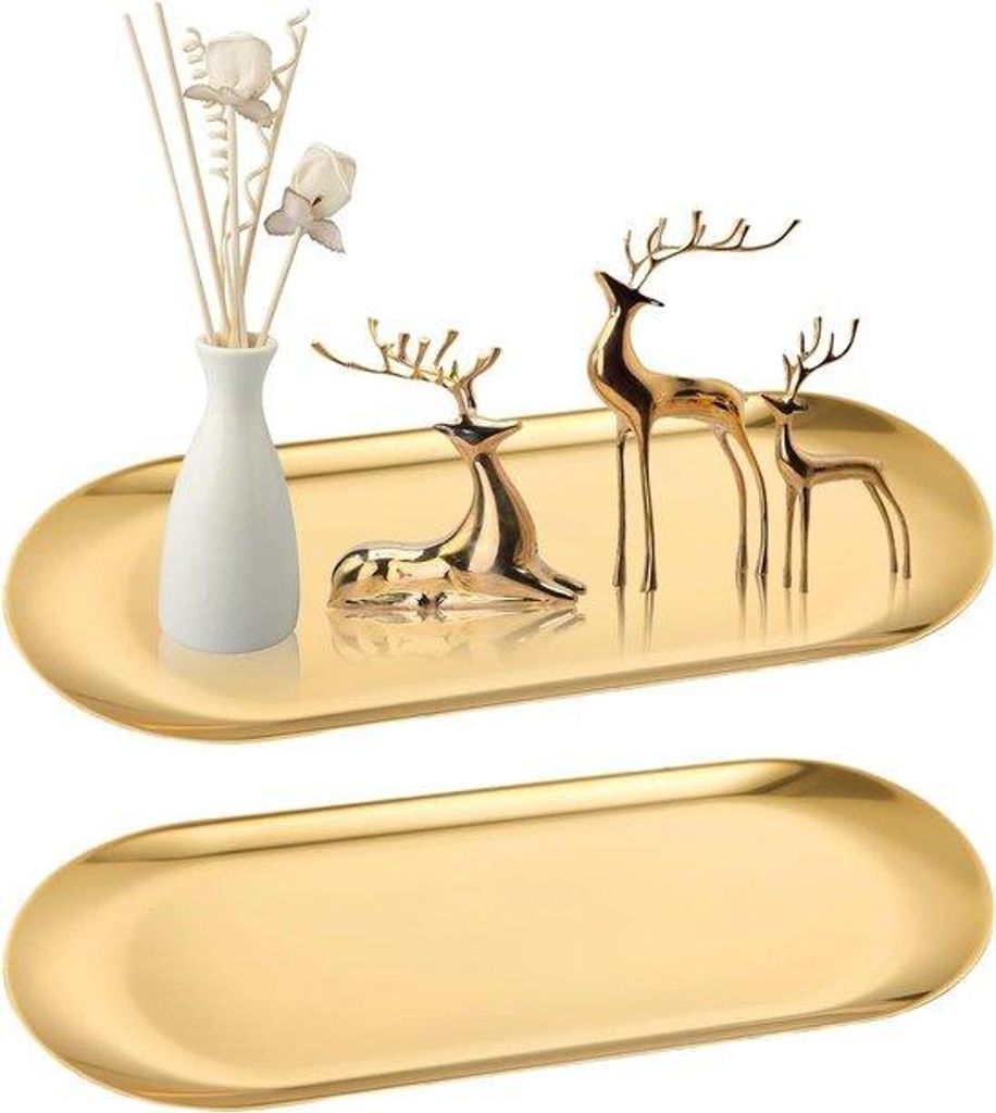 Set von 2 dekorativen Tabletts, goldenes Tablett, dekorative Schüssel aus Edelstahl, Spiegelplatte für Desserts, Kosmetik, Schmuck, Kerzen