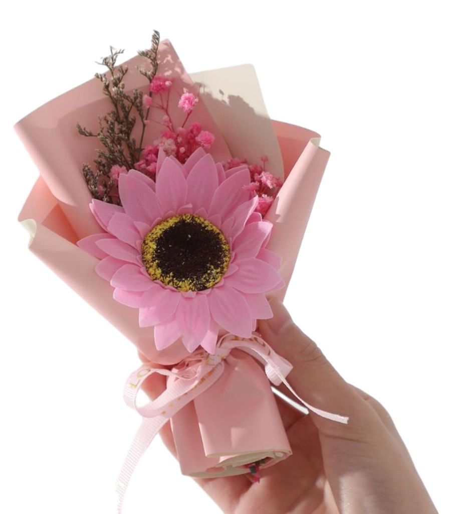 Mini-Strauß aus künstlichen Seifenblumen, künstliche Nelken/Sonnenblumen, Schleierkraut-Blumenarrangement, Valentinstagsgeschenk für Frauen, be...