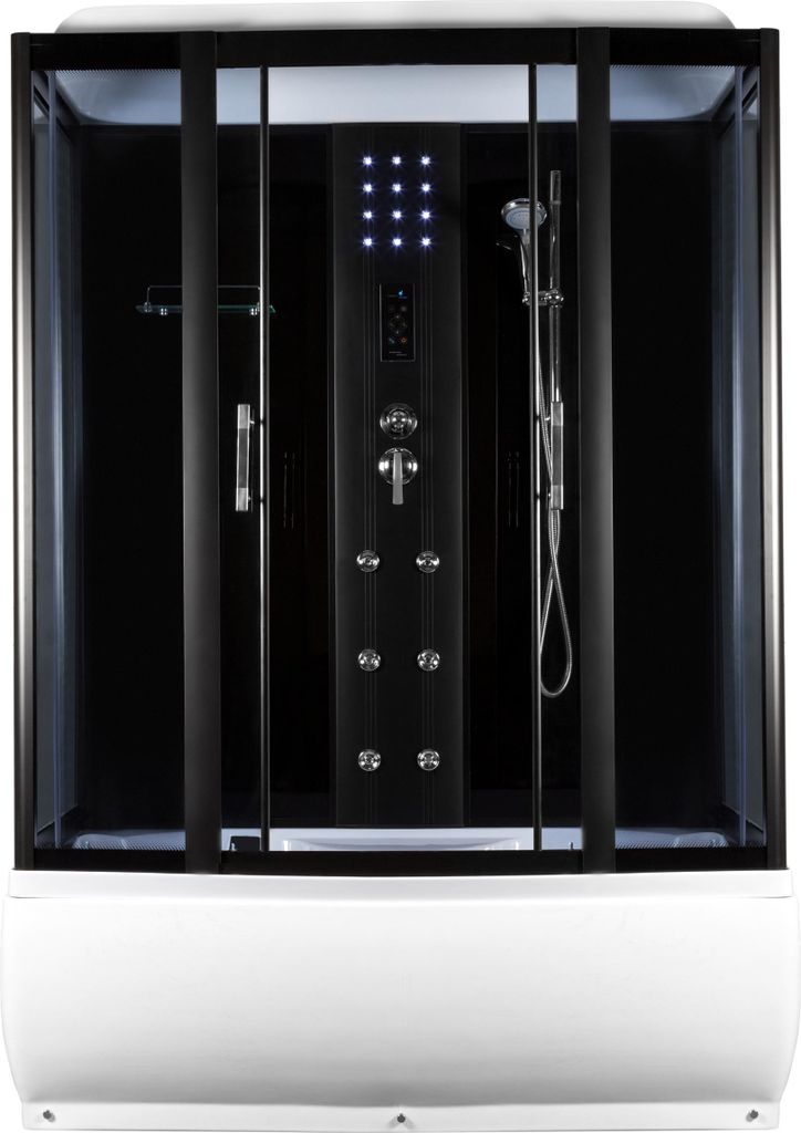 A modern black and white shower cabin with a bathtub.