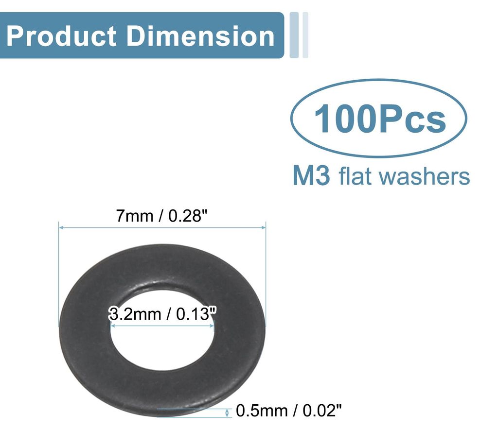 100 Stš¹ck M3 Unterlegscheiben, 3,2mm ID x 7mm OD x 0,5mm Dicke Schwarz verzinkte Metall Flachdichtungen fš¹r Schrauben, Muttern, Gewindestange