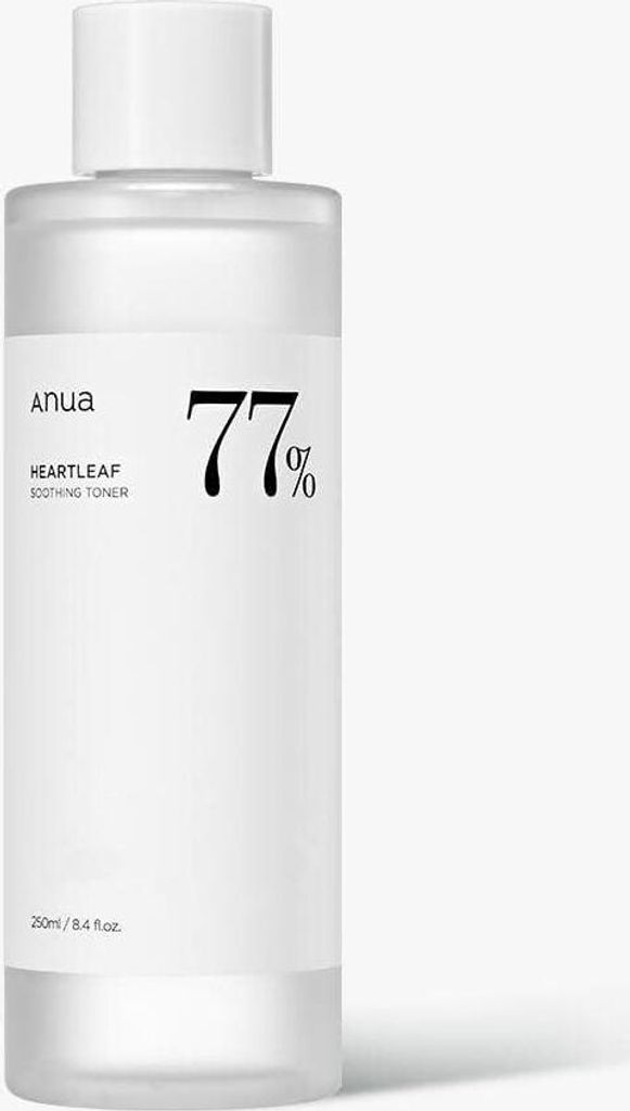 A clear, professional studio shot of a bottle of Anua Heartleaf 77% Soothing Toner against a plain white background.