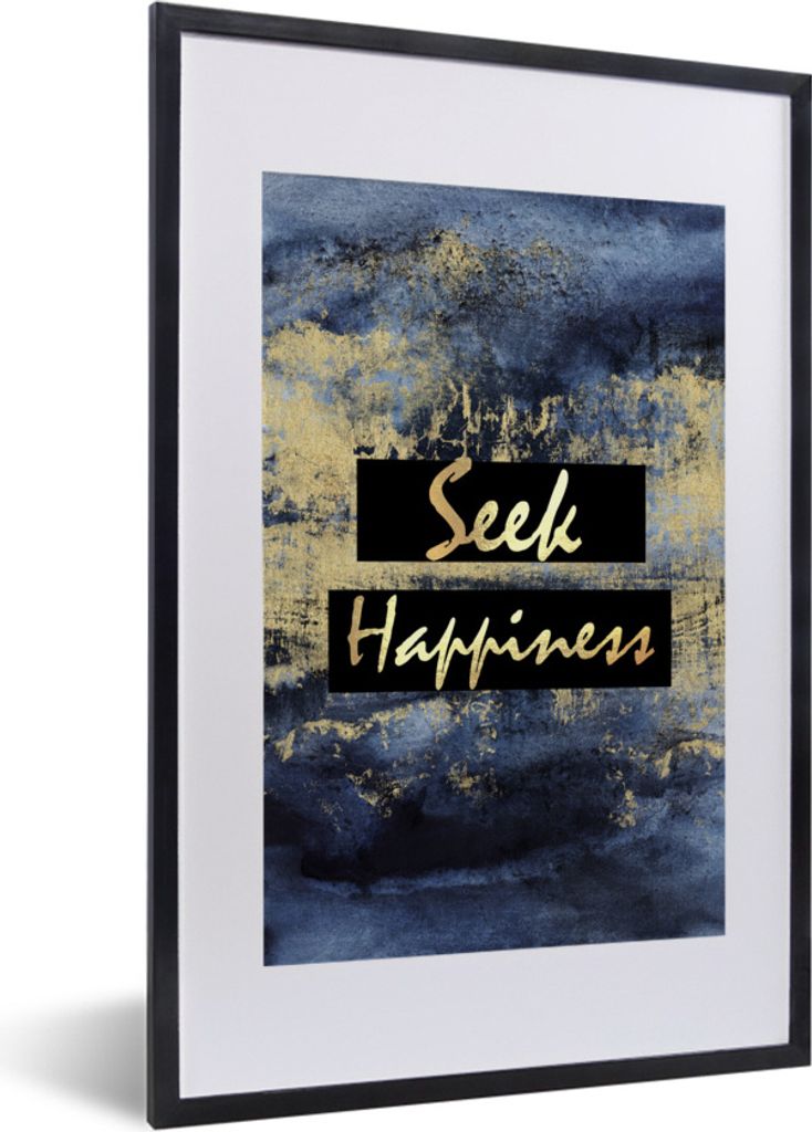 MuchoWow Gerahmtes Poster Zitat - Glück - Gold - Blau 40x60 cm - Poster mit Schwarzem Bilderrahmen Wandposter Rahmen Foto Bilder - Poster in Rahmen
