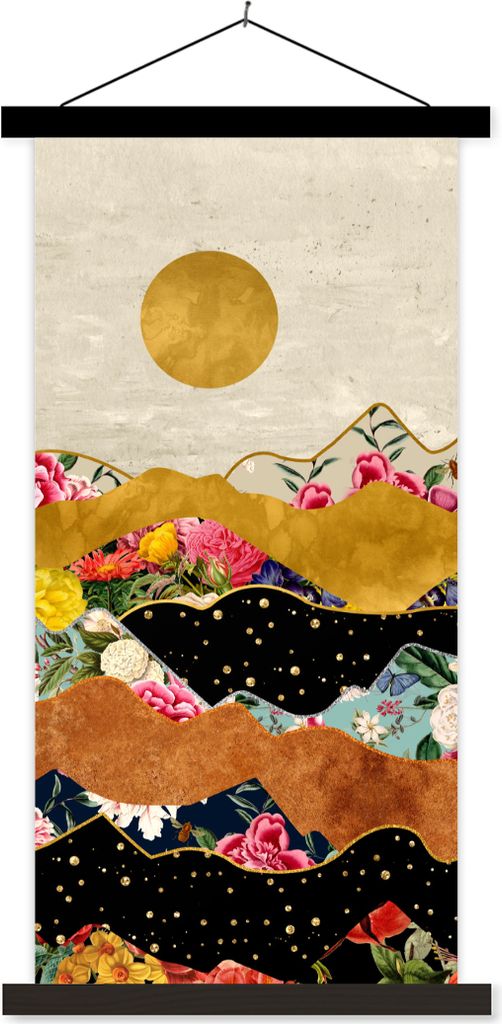MuchoWow Textilposter Gold - Blumen - Druck - Abstrakt - Landschaft - Muster 40x80 cm mit schwarzem Rahmen - Wandemalerei
