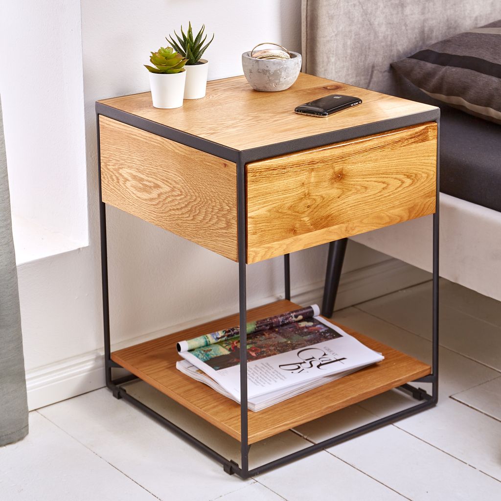 riess-ambiente Moderner Beistelltisch SCORPION 50cm Wildeichen-Design Metall Nachttisch mit Schublade Couchtisch Tisch
