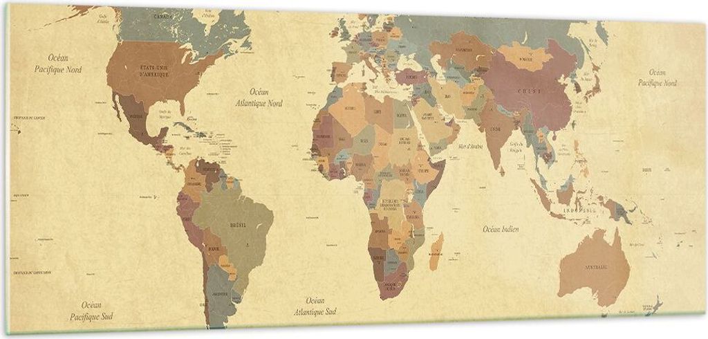 Bilder auf glas - Karte Welt Land - 100x40cm - Glasbilder - Wandbilder - Kunstdruck - zum Aufhängen bereit - Wanddekoration aus Glas - Glas Bilder...