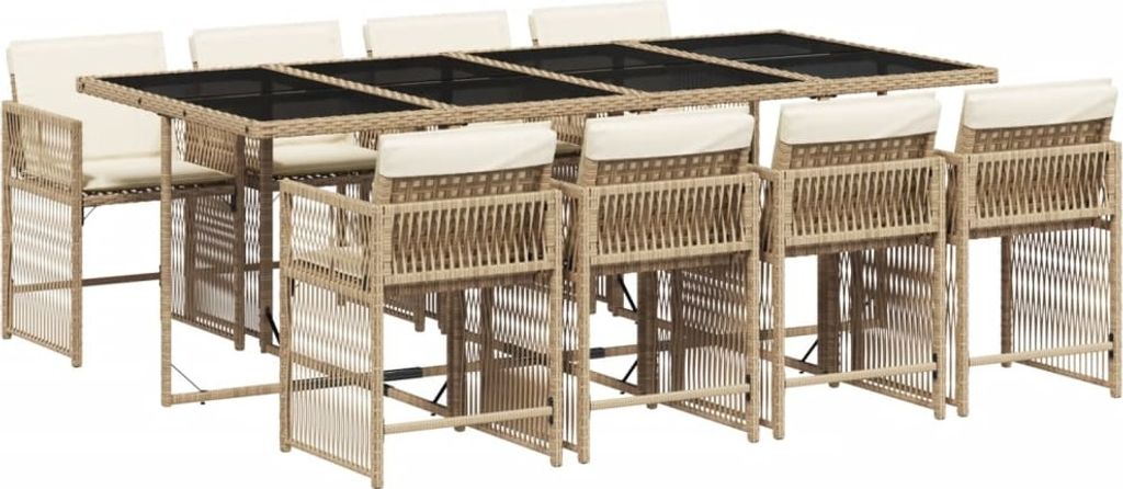 vidaXL 9-tlg. Garten-Essgruppe mit Kissen Beige Poly Rattan