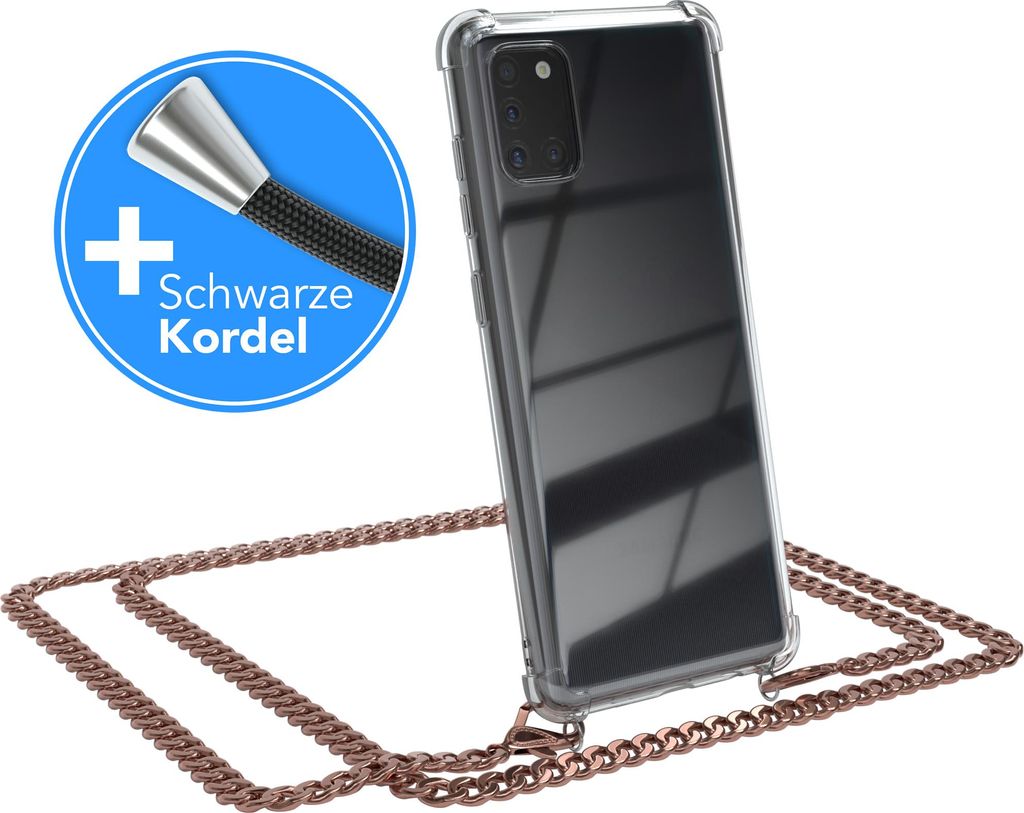 EAZY CASE Metall Handykette für Samsung Galaxy A31, Handyhülle mit Umhängeband, Silikonhülle, Metallkette für Smartphone in Rosa