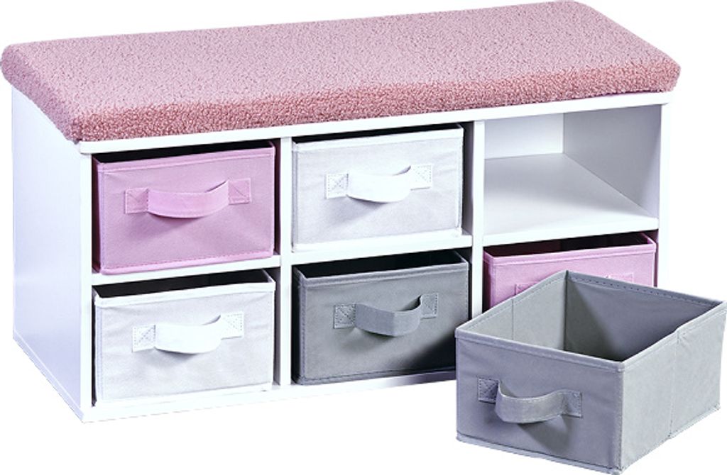 KESPER Kinder-Sitzbank mit Sitzkissen – weiß – – 68x29,5x33cm – 6 Textilboxen (weiß/rosa/grau) – Stauraum - Kinderzimmer-Aufbewahrung ...