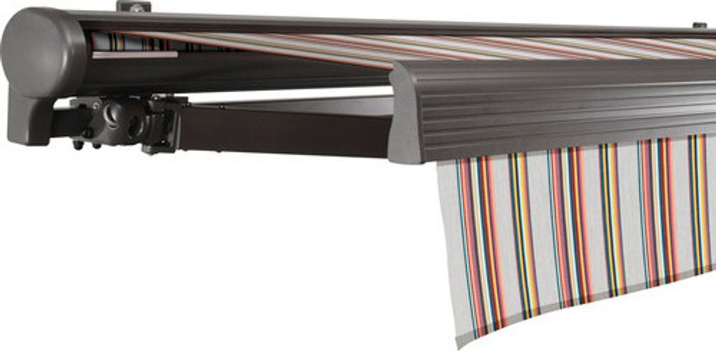 SOLUNA Halbkassettenmarkise Comfort 3x2 Dessin D421 Gestell DB703 dunkelgrau Antrieb links inkl. Motor und Wandschalter