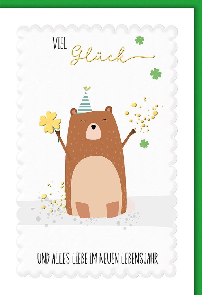 Geburtstag - Karte mit Umschlag - Viel Glück mit Bär - plastikfrei - u