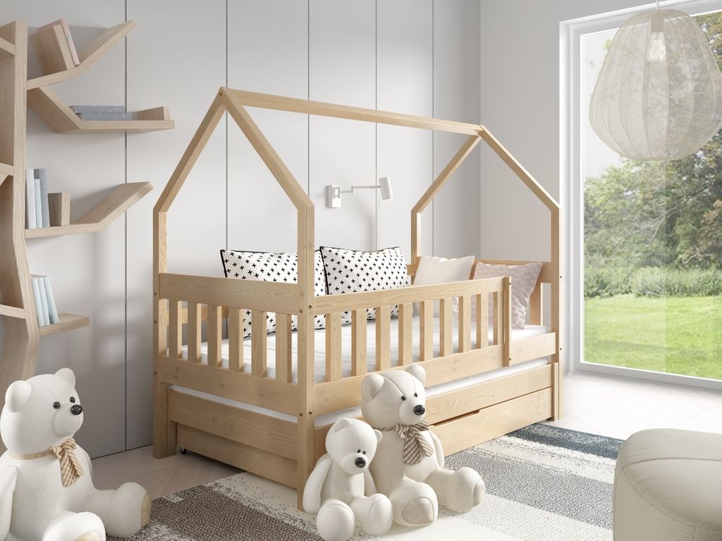 MTJMöbel Kinderbett LUNA II 160x80cm mit Matratze und Schublade, Hausbett mit verlängerter unterer Liegefläche und Sicherheitsgeländer, Kiefern...