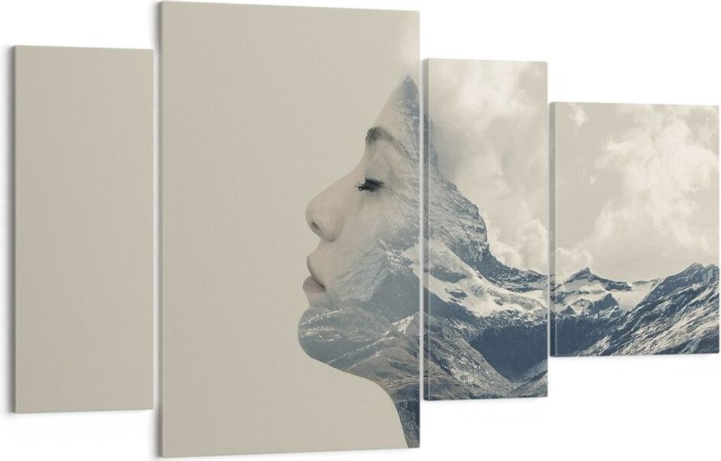 Bild auf Leinwand - Leinwandbild - 4 Teile - Grafik Frau Berge - 120x70cm - Wand Bild - Wanddeko - Wandbilder - Leinwanddruck - Bilder - Wanddekora...