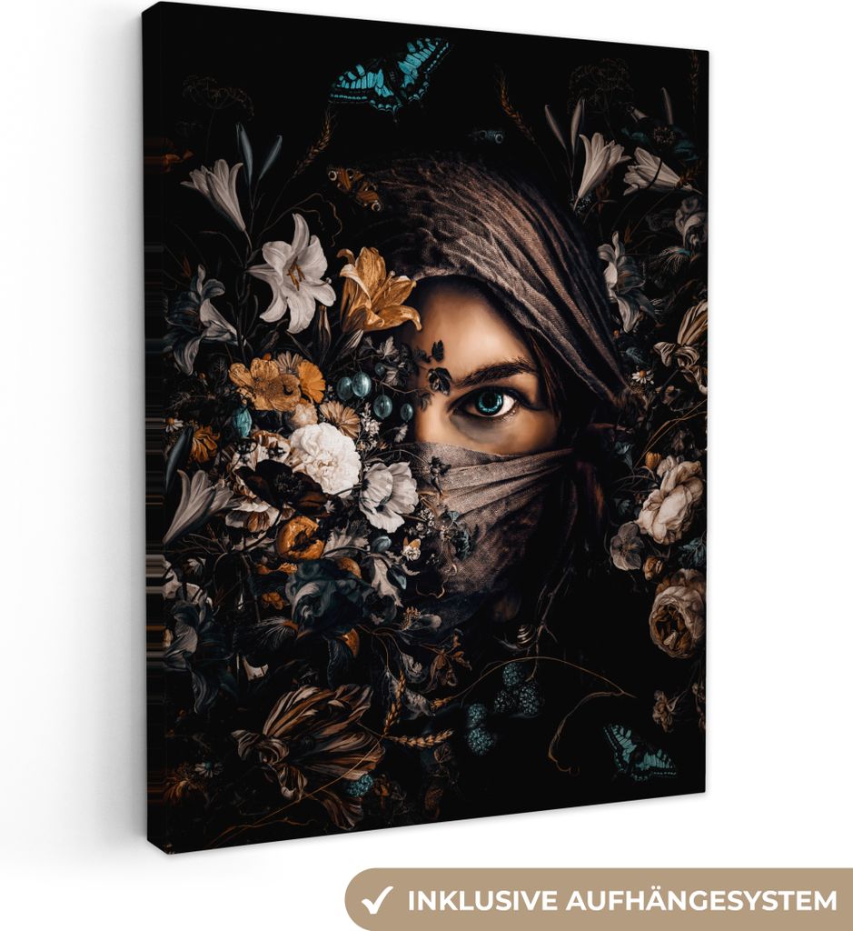 MuchoWow - Leinwandbilder - Frau - Luxus - Blumen - Schmetterling - Porträt, Wandbild, Wanddeko Bilder Wohnzimmer, 30x40 cm
