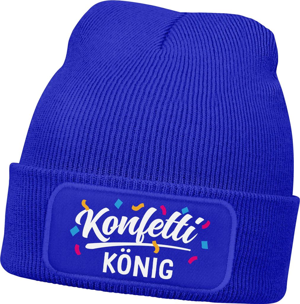 Herren Beanie Patch - Design Konfetti König - Strickmütze mit Spruch Aufdruck Fasching Karneval Lustig Mütze Männer Moonworks