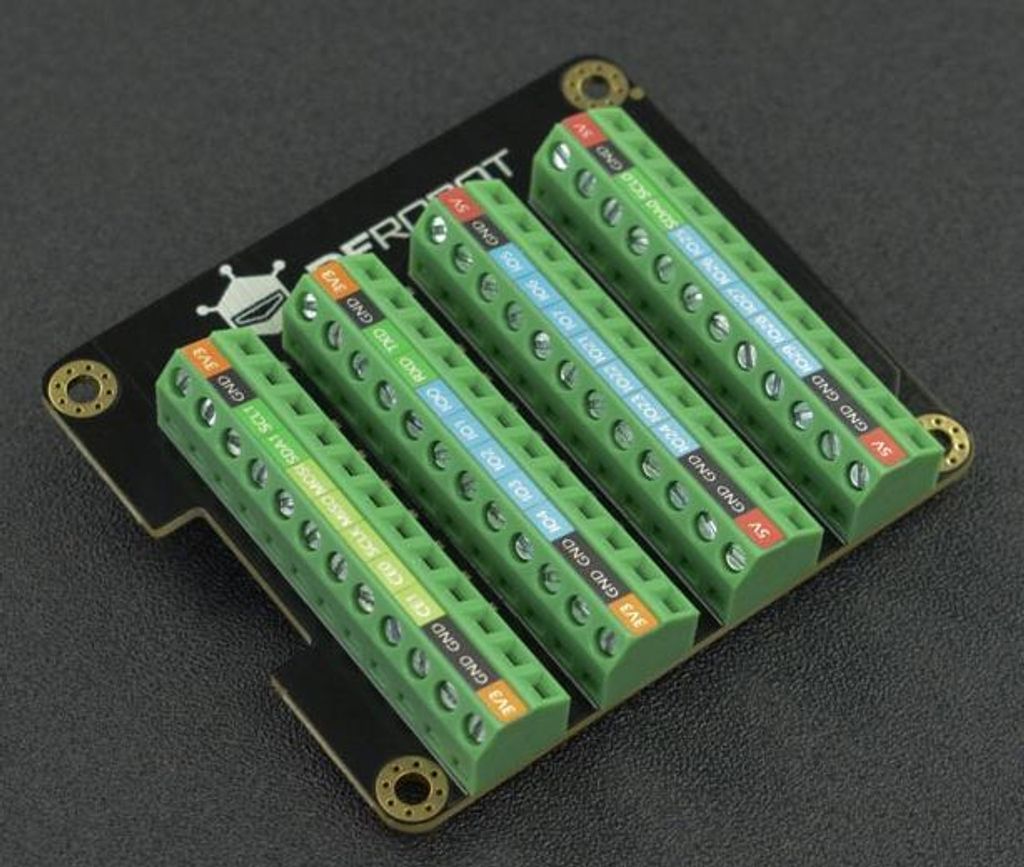 DFRobot Raspberry Pi 4B GPIO Terminal Block HAT, 28 GPIO, 4x 3.3V, 4x 5V, 12x GND, 32 LEDs