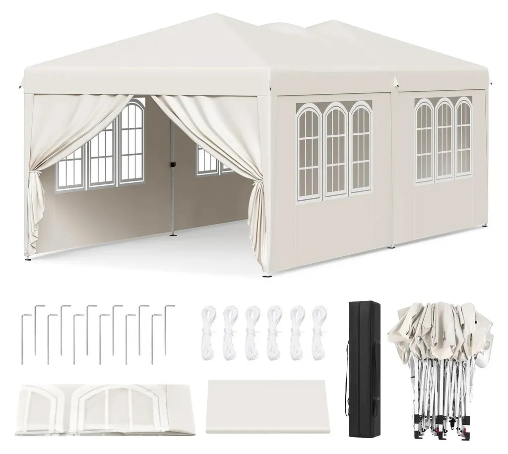 Tente de réception 3x6m beige réglable en hauteur et protection anti-UV