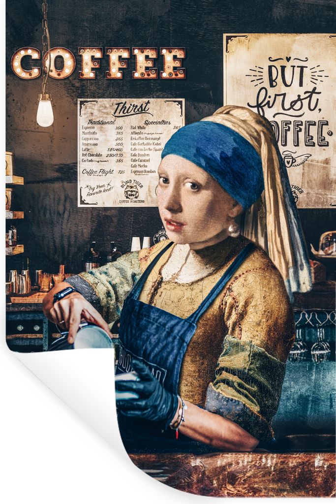 MuchoWow Wandtattoo Wandsticker Wandaufkleber Mädchen mit Perlenohrring - Bearbeitetes Gemälde - Barista - Vermeer - Kaffee - Cappuccino 80x120...
