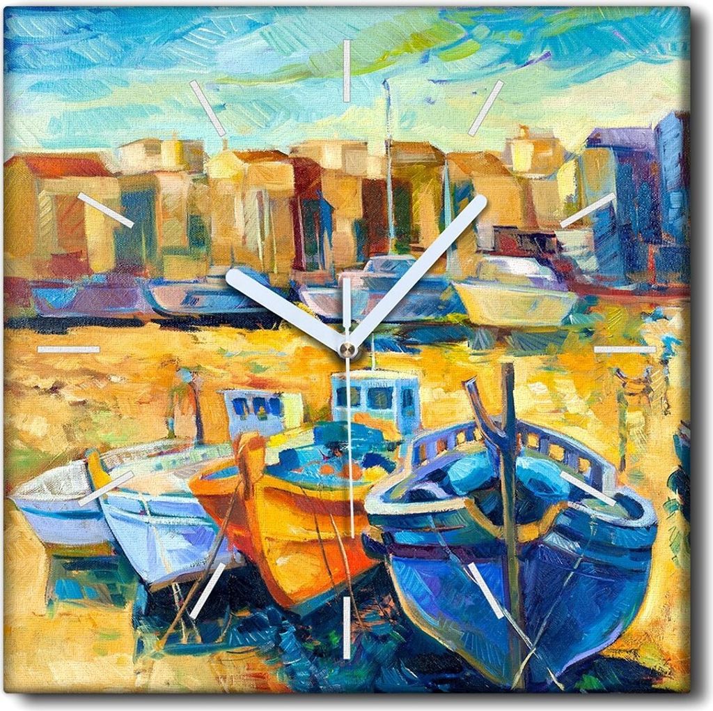 Coloray Uhr auf Leinwand 30x30 cm Wand Uhr Dekoration Wohnzimmer Segeltuch weiße Zeiger -Boote Stadtlandschaft.