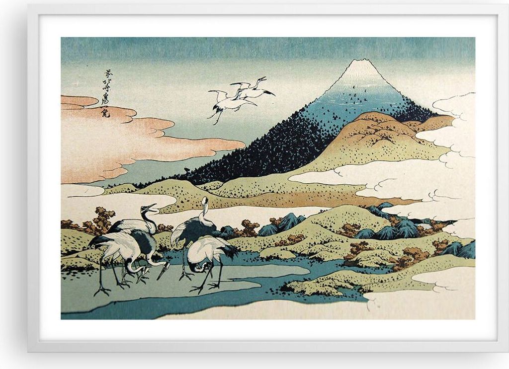 Gerahmtes Poster - Weißer Rahmen - Japan Kraniche Bild - 70x50 cm - Wand Bild - Wanddeko - Wandbilder - Kunstposter - Wandposter - Bilderrahmen - ...