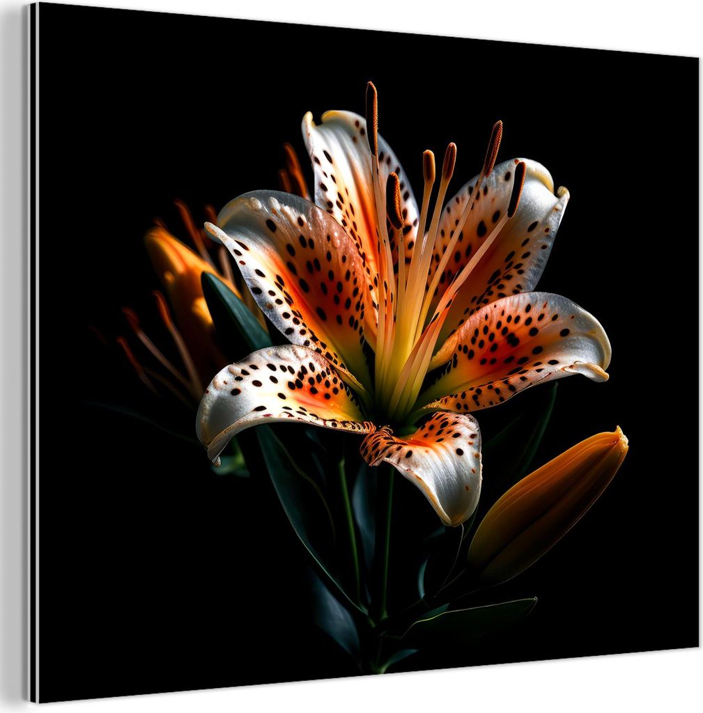 MuchoWow Wanddekoration Metall Metallbild Wandkunst 80x60 cm Blumen - Lilie - Orange - Porträt - Schwarz MuchoWow Aluminium Gemälde - Alubild