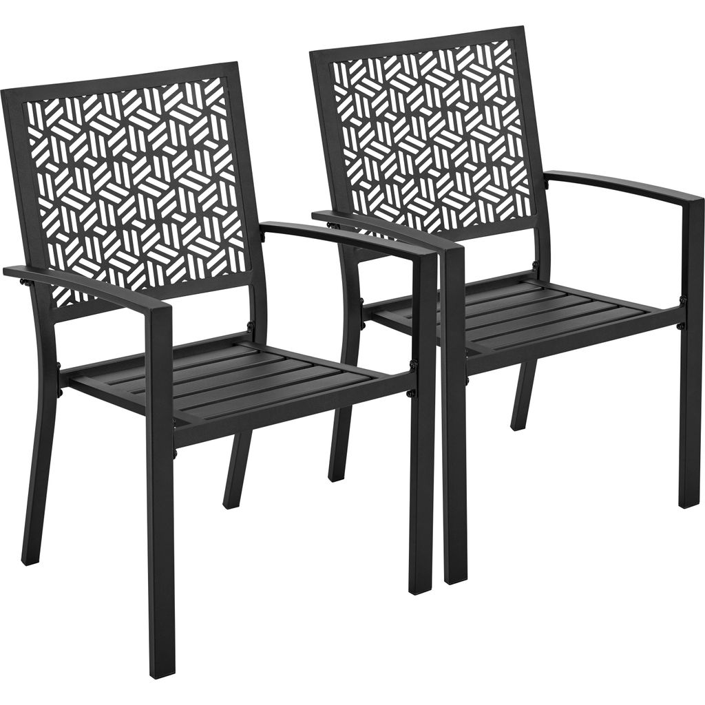 Two black metal garden chairs with decorative backs are shown against a white background.