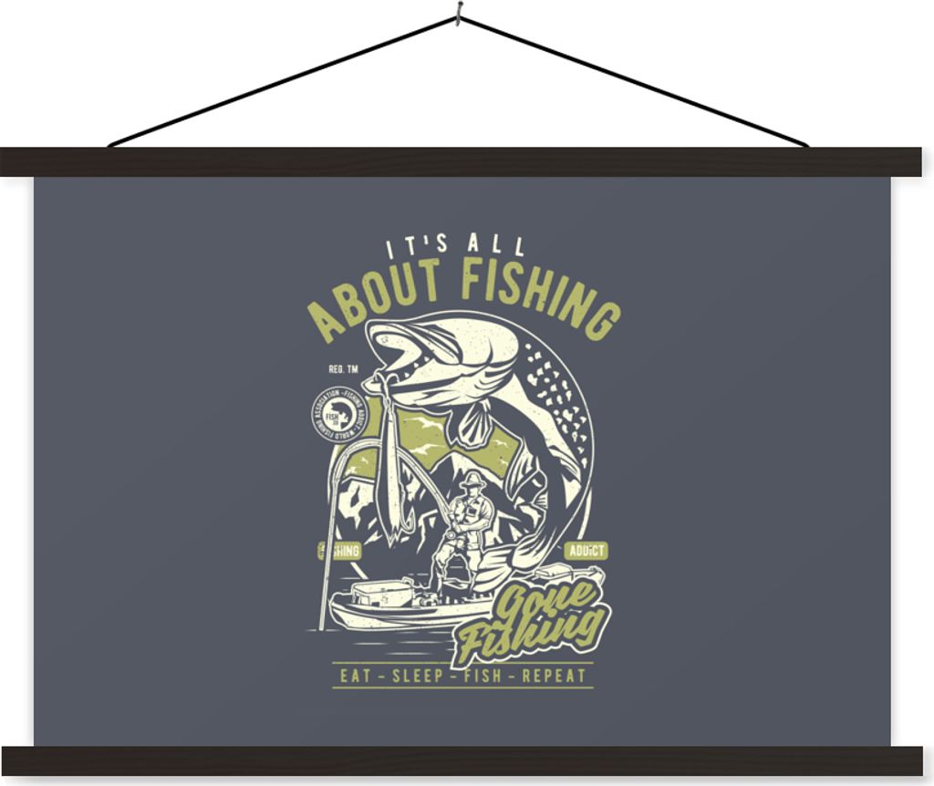 MuchoWow Textilposter Fisch - Boot - Jahrgang 90x60 cm mit schwarzem Rahmen - Aufhängungssatz