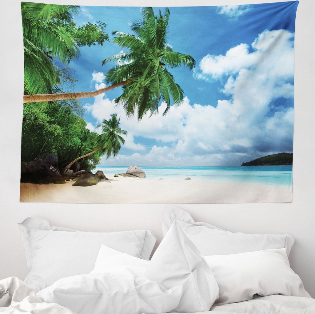 ABAKUHAUS Urwald Wandteppich, Strand auf Mahé aus Weiches Mikrofaser Stoff Waschbar ohne Verblassen Digitaldruck, 150 x 110 cm, Sandbraun Grün Blau
