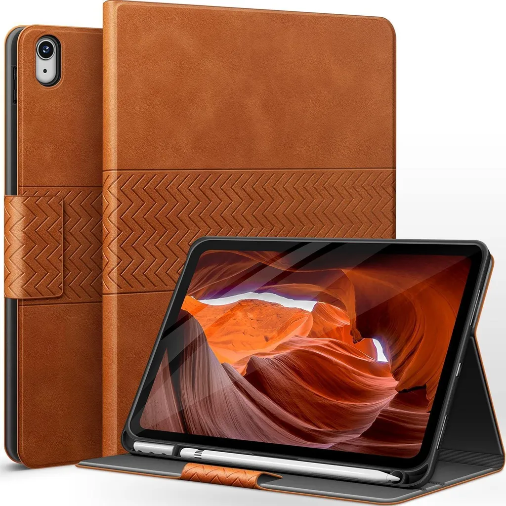 Housse iPad 10 10,9" 2022 avec support ajustable et cuir marron robuste